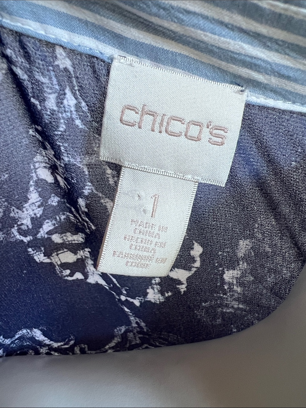 Chico's Striped Button-Down Shirt with Navy floral & Lace Back - Picture 2 of 9